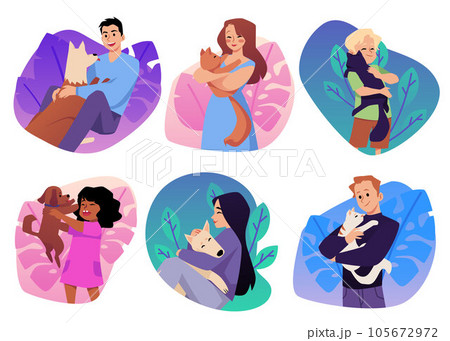 Set of children and adults hugging cats and dogs flat style 105672972