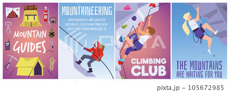Climbing and mountaineering advertising posters set, flat vector illustration. Climbing and mountaineering advertising posters set, flat vector illustration. 105672985