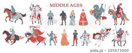 Set of vector isolated illustrations of medieval knights, king and lord, queen and princess, chevaliers and warriors 105673000