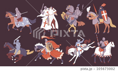 Set of vector isolated illustrations of medieval knights wearing armor, sword in hand riding horse in protective suit. 105673002