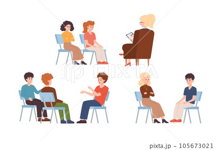 Set of isolated vector illustrations of Groups therapy session, support, people are sitting in chairs talking and discussing 105673021