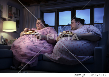 Young obese couple sitting at home eating unhealthy food. Young obese couple sitting at home eating unhealthy food. 105673245