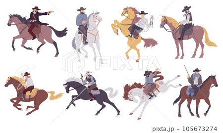 Cowboys riders, sheriffs and bandits set, flat vector illustration isolated. 105673274