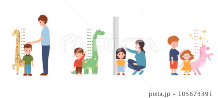 Set of children measuring height with decorative wall meters flat style Set of children measuring height with decorative wall meters flat style 105673391