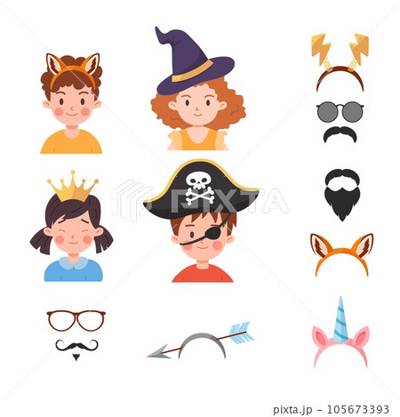 Cute cheerful kids wearing various headbands, cartoon flat vector illustration isolated on white background. Cute cheerful kids wearing various headbands, cartoon flat vector illustration isolated on white background. 105673393