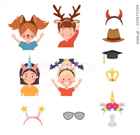 Set of happy children with various headbands flat style Set of happy children with various headbands flat style 105673394