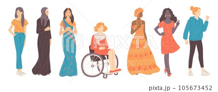 Set of diverse women of different cultures and nationalities - flat vector illustration isolated on white background. 105673452