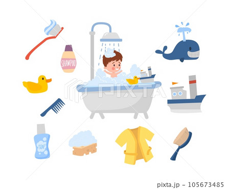 Happy child taking foamy bath with toys, cartoon flat vector illustration isolated on white background. Happy child taking foamy bath with toys, cartoon flat vector illustration isolated on white background. 105673485