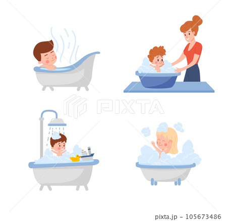 Children take a bath and perform hygiene procedures vector illustrations set. Children take a bath and perform hygiene procedures vector illustrations set. 105673486