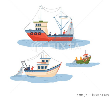 Fishing sail boats and ships flat vector illustration isolated on white. 105673489