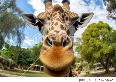 Head of a giraffe on a green field with trees around 105673632