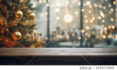 Empty wooden table with christmas tree over room in background 105673869