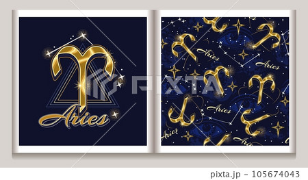 Pattern, label with gold icon of zodiac sign Aries 105674043