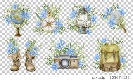 Camping Equipment for wanderlust. Hand drawn watercolor set of illustrations for adventure and travel on isolated background. Drawing of retro vintage lantern and backpack for journey with flowers. 105674122