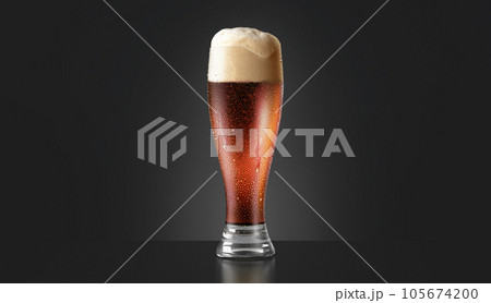 Blank transparent red beer glass mockup, dark background 105674200
