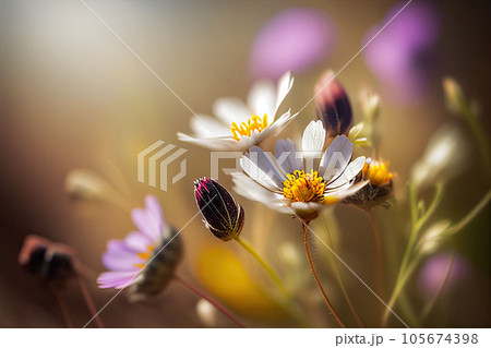 Flower meadow under a summer sky in color field. Generative AI illustration 105674398