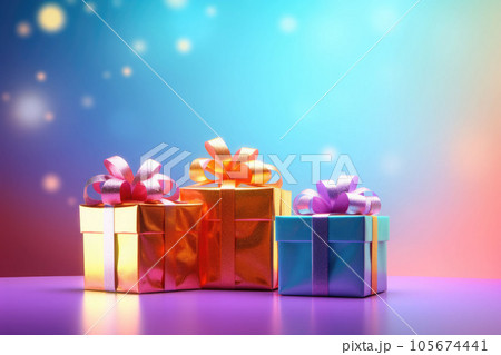 Christmas gifts on gradient shimmer background with snow, light bokeh. AI generated 105674441