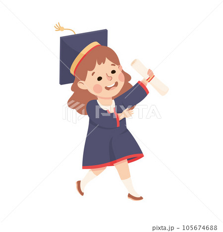 Happy Girl Graduating Wear Blue Gown and Graduation Cap Hold Diploma Vector Illustration 105674688
