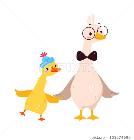 Funny Goose Character Father with Baby Gosling Vector Illustration Funny Goose Character Father with Baby Gosling Vector Illustration 105674696