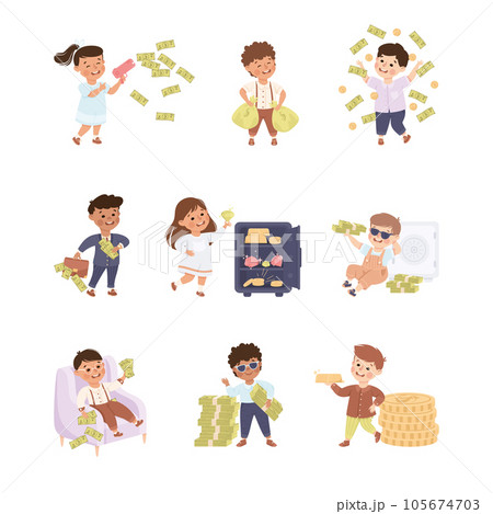 Happy Rich Boy and Girl Millionaire with Dollar Banknote and Gold Coins Vector Set Happy Rich Boy and Girl Millionaire with Dollar Banknote and Gold Coins Vector Set 105674703