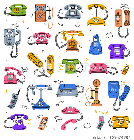Retro Phones and Telephones as Old Devices for Communication Vector Set 105674704