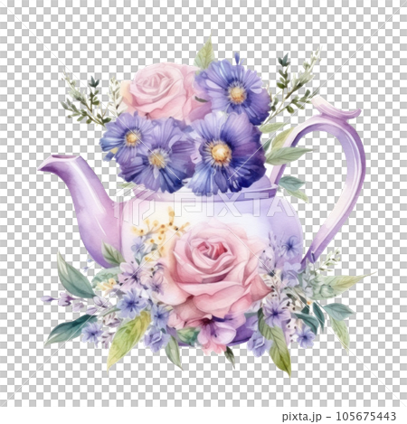 Watercolor teapot with flowers isolated 105675443
