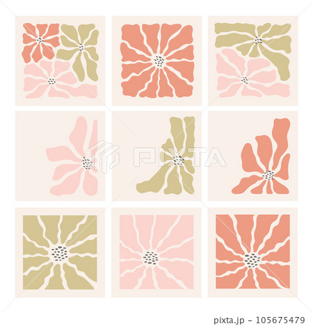 Trendy pastel color modern minimal wall art, poster, card template. Boho style wavy camomile, daisy abstract flowers compositions set. Trendy pastel color modern minimal wall art, poster, card template. Boho style wavy camomile, daisy abstract flowers compositions set. 105675479