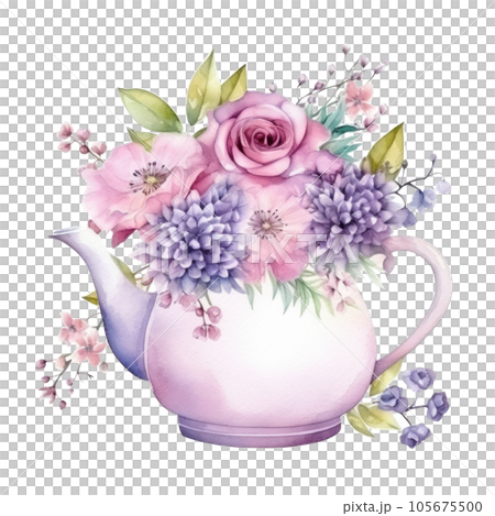 Watercolor teapot with flowers isolated 105675500