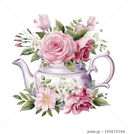 Watercolor teapot with flowers isolated 105675509
