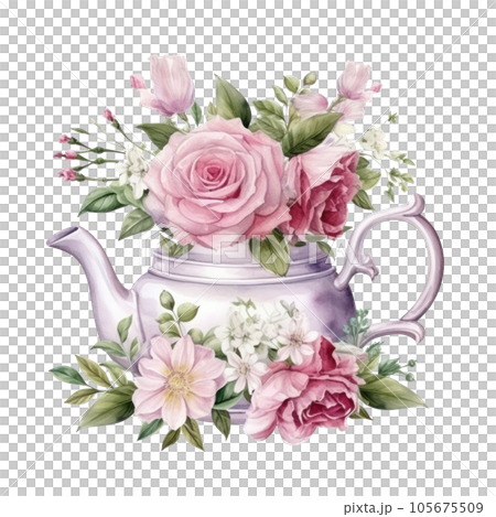 Watercolor teapot with flowers isolated 105675509