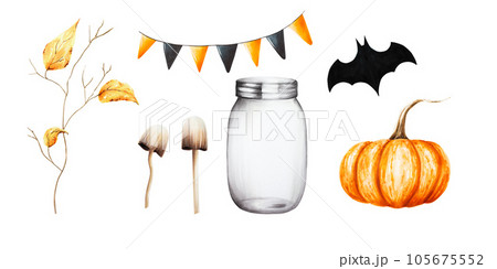 Watercolor halloween pumpkin, autumn branch with foliage, bat, holiday flags, toadstools isolated. For designers, decoration, shop, for postcards, wrapping paper, covers. For posters and textile 105675552