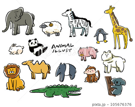ゆるい手描き風動物のイラストセット ゆるい手描き風動物のイラストセット 105676376