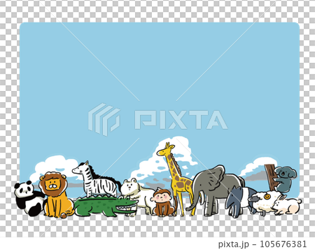 ゆるい手描き風動物たちの青空バックフレームのイラスト 105676381