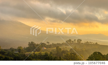 Stunning view on mount Abang  and lake Batur at sunrise 105677046