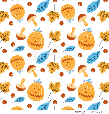 Autumn pumpkin pattern with leaves and mushrooms, fun Halloween. 105677402