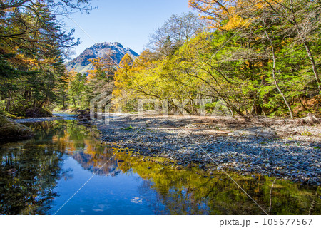 【秋の上高地】紅葉の始まった焼岳と梓川 105677567