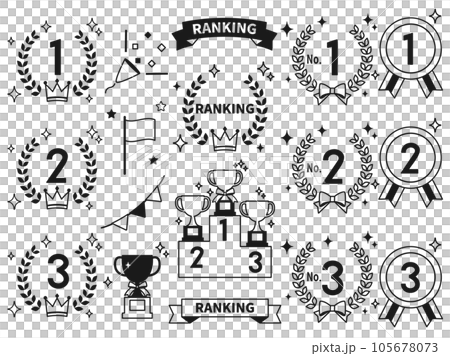 王冠やトロフィーなどのランキングをイメージしたイラストのセット　モノクロバージョン 105678073