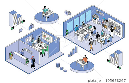 アイソメトリック構図のオフィス　ミーティングやデスクワークをする人々のイラスト 105678267