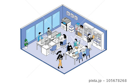 アイソメトリック構図のオフィス　ミーティングやデスクワークをする人々のイラスト 105678268