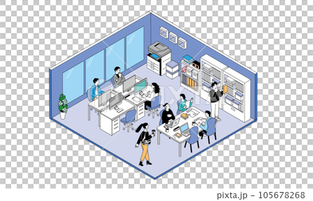 アイソメトリック構図のオフィス　ミーティングやデスクワークをする人々のイラスト 105678268