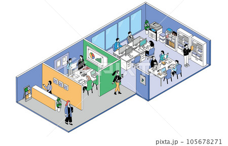 アイソメトリック構図のオフィス　ミーティングやデスクワークをする人々のイラスト 105678271