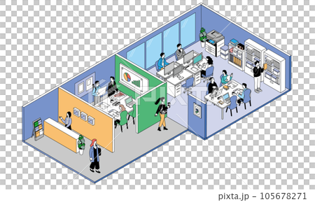 アイソメトリック構図のオフィス　ミーティングやデスクワークをする人々のイラスト 105678271