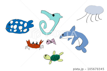 子供が描いた水族館のかわいい生き物のイラスト 105678345