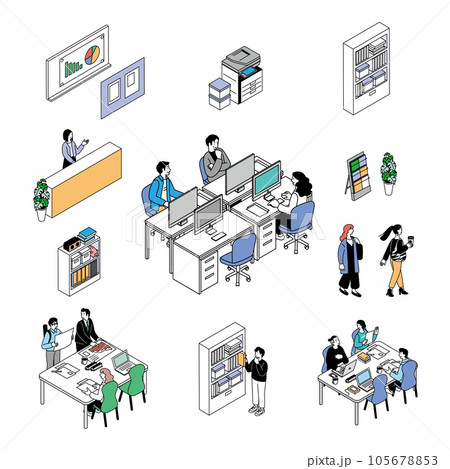 アイソメトリック構図のオフィスワークをする人々 ミーティングやデスクワークをする男女のイラストセット アイソメトリック構図のオフィスワークをする人々 ミーティングやデスクワークをする男女のイラストセット 105678853