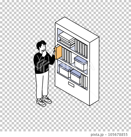 アイソメトリック構図　本棚と男性のシンプルなイラスト 105678855
