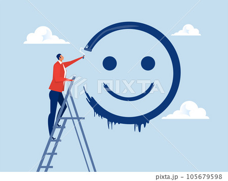 Positive thinking concept,happy businessman  climb up  stairs  ladder to painting ing smile face on wall with roller vector illustration. 105679598