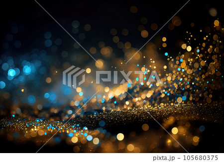 A dark and festive glittery background, with a mix of blue and gold sparkles and a defocused bokeh texture. Perfect for night events and holiday celebrations. AI Generative. 105680375