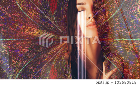 Digital art. Female grief. Loneliness melancholy. Sad hurt depressed woman face crying with glitch tears on colorful noise background. Digital art. Female grief. Loneliness melancholy. Sad hurt depressed woman face crying with glitch tears on colorful noise background. 105680818