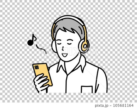 Young man listening to music on smartphone 105681164