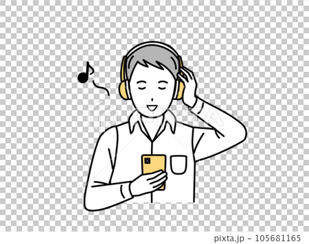 Young man listening to music on smartphone 105681165